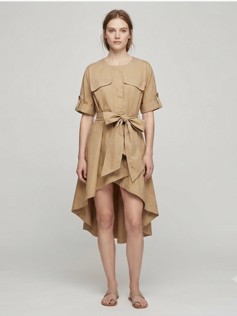 Badgley Mischka Trench Dress Sz 6 Khaki Belted High-Low Hem Safari Utility